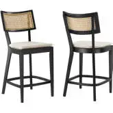 Caledonia Counter Stool in Black Wood, Rattan & Beige Fabric (Set of 2)