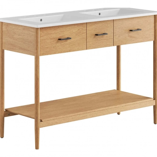 Zaire 48" Double Sink Bathroom Vanity in White Ceramic & Natural Finish Wood