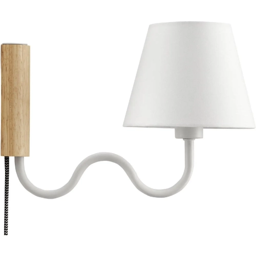 Sunlit Squiggle Arm Wall Sconce in Natural Finish Wood, White Metal & Fabric