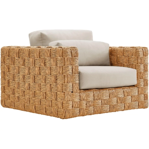 Thames Outdoor Accent Chair in Natural Wicker Rattan in Gray Fabric