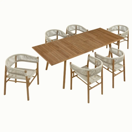 Vienna 7 Piece Outdoor Dining Set w/ Curved Arm Chairs in Natural Rope & Teak