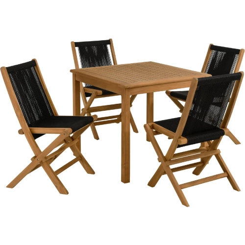 Vienna 5 Piece Outdoor Dining Set w/ Rope Folding Chairs in Black Rope & Teak