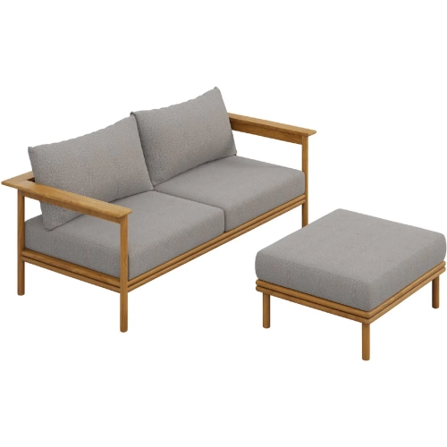 Wren 2 Piece Outdoor Sofa & Ottoman Set in Driftwood Brown Fabric & Teak