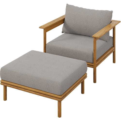 Wren Outdoor Accent Arm Chair & Ottoman Set in Driftwood Brown Fabric & Teak