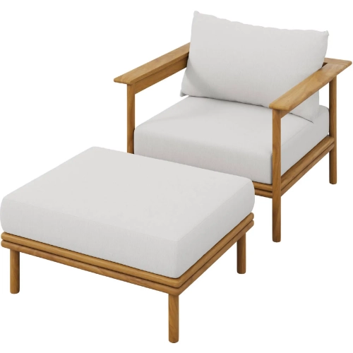 Wren Outdoor Accent Arm Chair & Ottoman Set in Sail White Fabric & Teak
