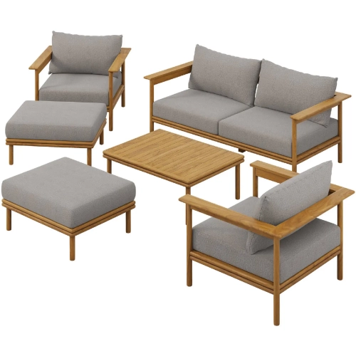 Wren 6 Piece Outdoor Sofa Set in Driftwood Brown Fabric & Teak