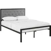 Mia Full Bed in Tufted Gray Fabric & Brown Metal