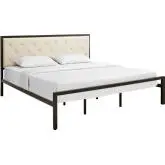 Mia King Bed in Tufted Beige Fabric & Brown Metal