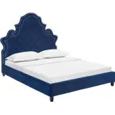 Valentina Queen Platform Bed in Tufted Navy Blue Velvet w/ Nailhead