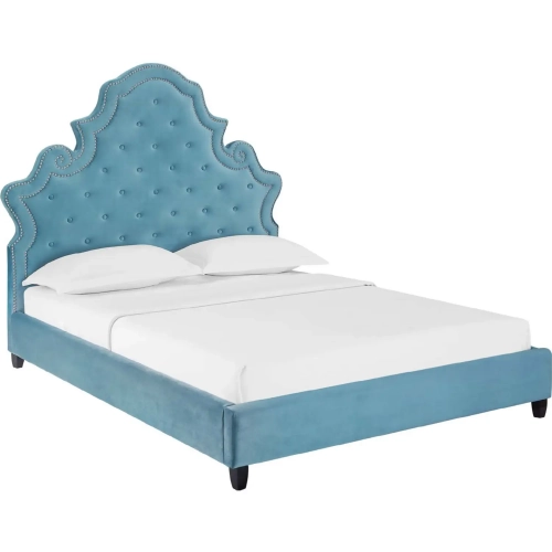 Valentina Queen Platform Bed in Tufted Sea Blue Velvet w/ Nailhead