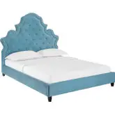 Valentina Queen Platform Bed in Tufted Sea Blue Velvet w/ Nailhead