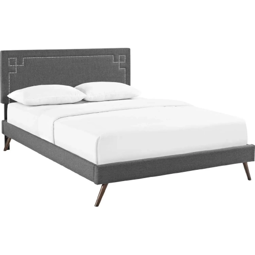 Ruthie Queen Platform Bed in Gray Fabric w/ Round Splayed Legs