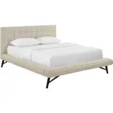 Julia Queen Platform Bed in Biscuit Tufted Navy Blue Velvet