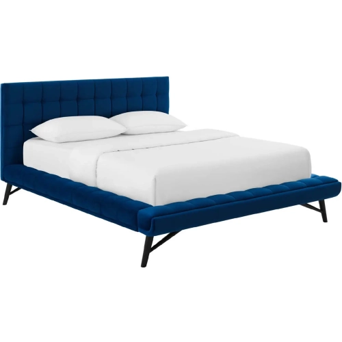 Julia Queen Platform Bed in Biscuit Tufted Navy Blue Performance Velvet