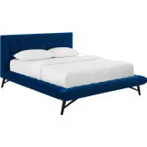 Julia Queen Platform Bed in Biscuit Tufted Navy Blue Performance Velvet