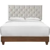 Rhiannon Queen Bed in Walnut & Diamond Tufted Beige Fabric