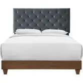 Rhiannon Queen Bed in Walnut & Diamond Tufted Charcoal Gray Fabric