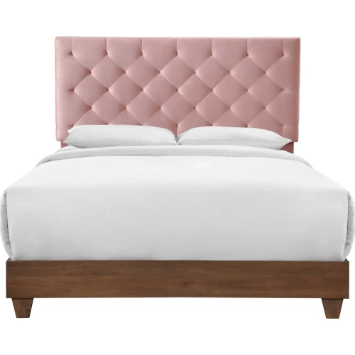 Rhiannon Queen Bed in Walnut & Diamond Tufted Dusty Rose Fabric