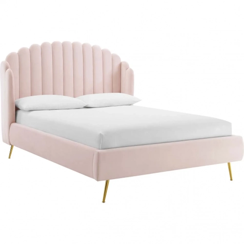 Lana Queen Wingback Platform Bed in Channel Tufted Pink Fabric & Gold