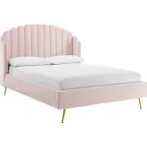 Lana Queen Wingback Platform Bed in Channel Tufted Pink Fabric & Gold