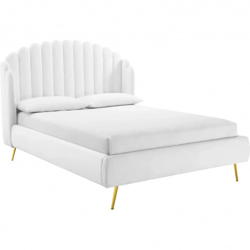 Lana Queen Wingback Platform Bed in Channel Tufted White Fabric & Gold