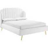 Lana Queen Wingback Platform Bed in Channel Tufted White Fabric & Gold