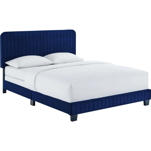 Celine Queen Bed in Channel Tufted Navy Performance Velvet