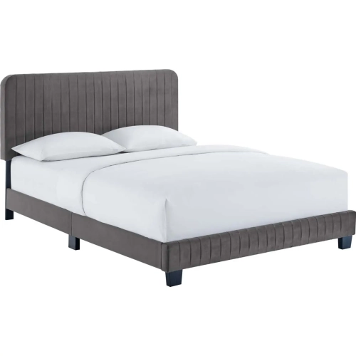 Celine King Platform Bed in Channel Tufted Gray Performance Velvet