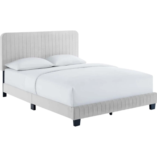 Celine Queen Platform Bed in Channel Tufted Light Gray Performance Velvet