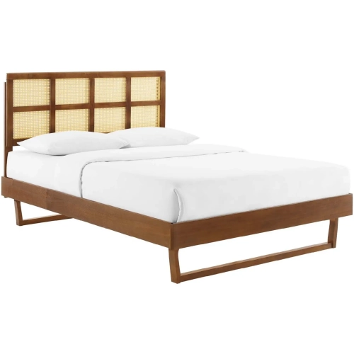 Sidney King Platform Bed in Cane & Walnut Finish w/ Angular Legs