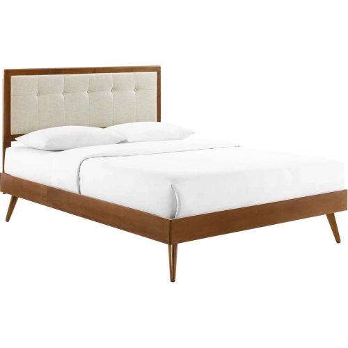 Willow Queen Platform Bed w/ Splayed Legs in Walnut & Beige