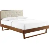 Bridgette Queen Platform Bed w/ Angular Frame in Walnut & Tufted Beige Fabric