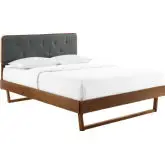 Bridgette Queen Platform Bed w/ Angular Frame in Walnut & Tufted Charcoal Fabric