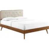 Bridgette Queen Platform Bed w/ Splayed Legs in Walnut & Tufted Beige Fabric