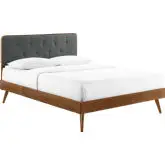 Bridgette Queen Platform Bed w/ Splayed Legs in Walnut & Tufted Charcoal Fabric