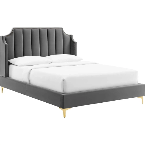 Daniella Queen Platform Bed in Vertical Tufted Gray Velvet