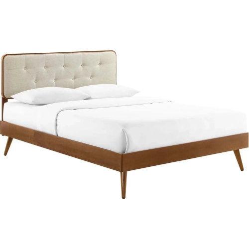 Bridgette King Platform Bed w/ Splayed Legs in Walnut & Tufted Beige Fabric