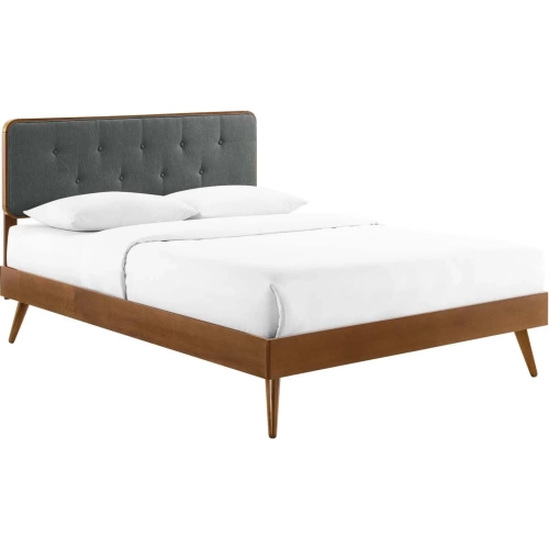 Bridgette Twin Platform Bed w/ Splayed Legs in Walnut & Tufted Charcoal Fabric