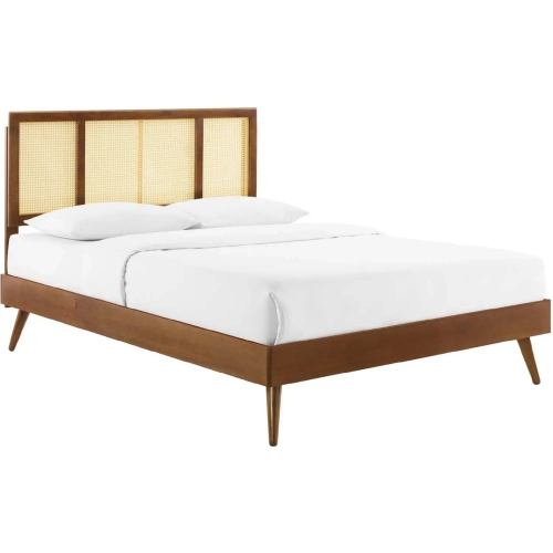 Kelsea Full Platform Bed in Cane & Walnut Finish w/ Splayed Legs