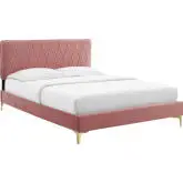 Phillipa Queen Platform Bed in Rose Velvet w/ Gold Metal Legs