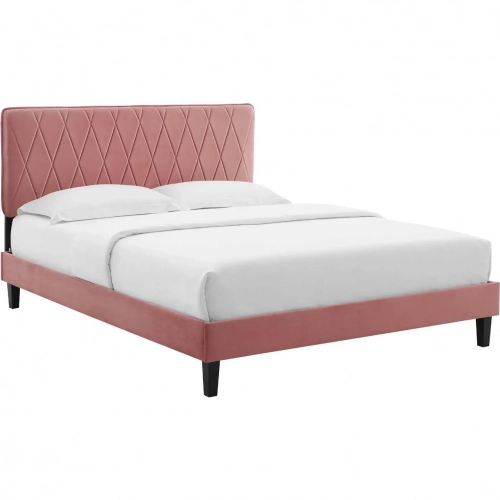 Phillipa Queen Platform Bed in Rose Velvet w/ Black Wood Legs