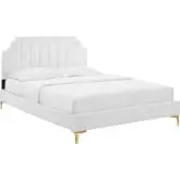 Sienna Queen Platform Bed in Vertical Tufted White Velvet w/ Gold Metal Legs