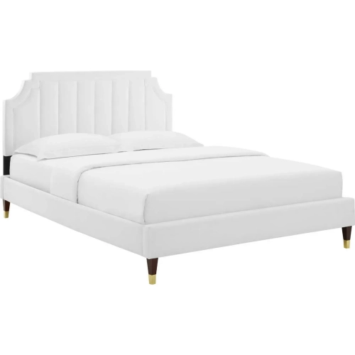 Sienna Queen Platform Bed in Vertical Tufted White Velvet w/ Gold Capped Wood Legs