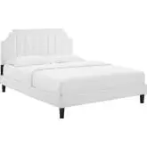 Sienna Queen Platform Bed in Vertical Tufted White Velvet w/ Black Wood Legs