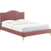 Juniper Queen Platform Bed in Channel Tufted Rose Velvet w/ Gold Metal Legs