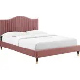 Juniper Queen Platform Bed in Channel Tufted Rose Velvet w/ Gold Capped Wood Legs