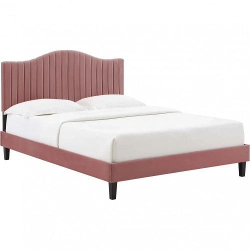 Juniper Queen Platform Bed in Channel Tufted Rose Velvet w/ Black Wood Legs