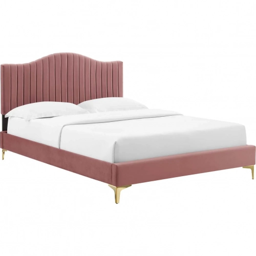 Juniper Twin Platform Bed in Channel Tufted Rose Velvet w/ Gold Metal Legs