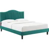 Juniper Twin Platform Bed in Channel Tufted Teal Velvet w/ Black Wood Legs