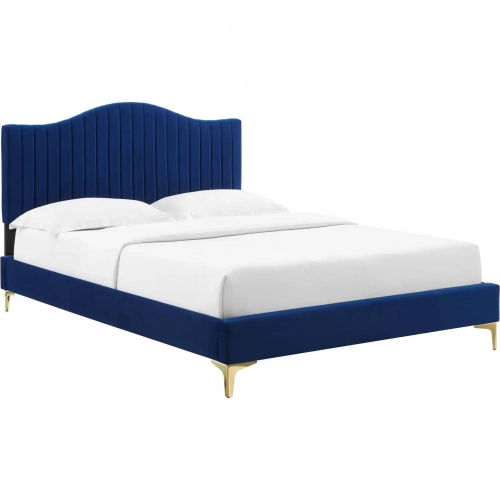 Juniper Full Platform Bed in Channel Tufted Navy Blue Velvet w/ Gold Metal Legs